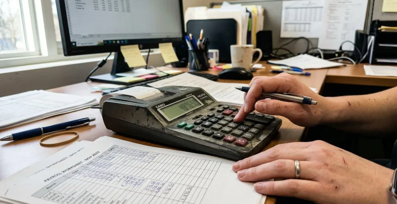 Des mains tapent sur une calculatrice posée à côté de documents de paie sur un bureau ordinaire