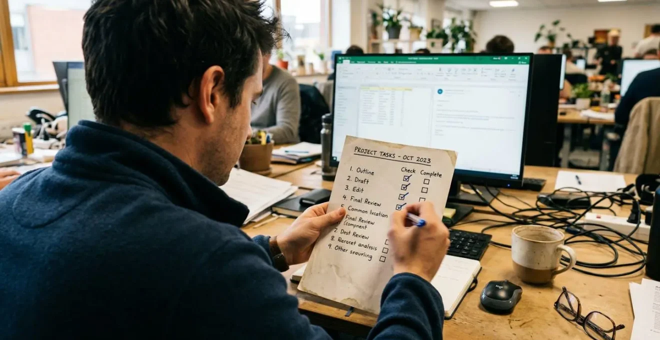 Une personne coche des cases sur un document papier avec un stylo, bureau de travail visible en arrière-plan