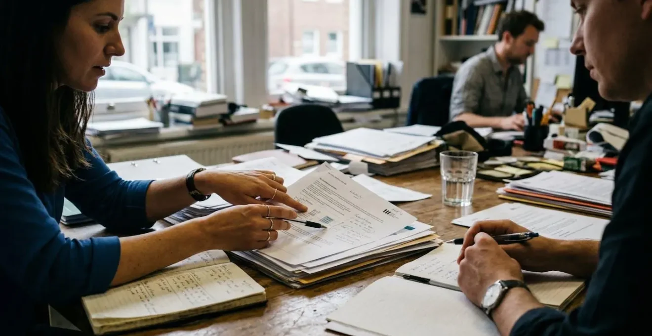 Plusieurs collègues discutent autour d'une table de réunion, des documents posés devant eux, ambiance de travail collective