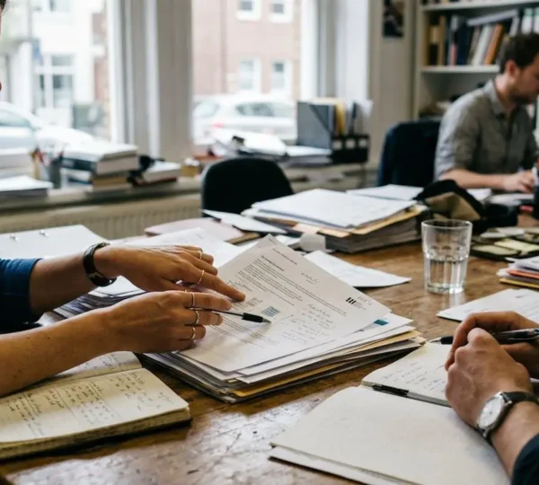 Plusieurs collègues discutent autour d'une table de réunion, des documents posés devant eux, ambiance de travail collective